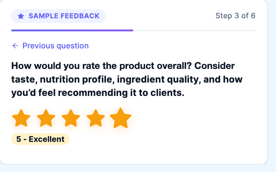 Sample feedback question asking an RD to rate a product from one to five stars